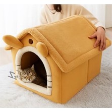 Esranın Dünyası Kedi Evi Yumuşak Kedi Yatağı | Peluş Derin Uyku Evi, Çıkarılabilir Minderli, Isı Yalıtımlı Kışlık Ev | Katlanır Kedi Evi (Camel)