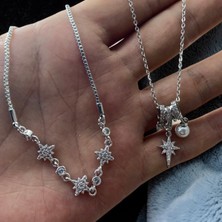 Lorivelle Kadın Kolye Bileklik Seti Gümüş Paslanmaz Çelik Zirkon Taşlı Kuzey Yıldızı Asansörlü Şık Hediye Takı
