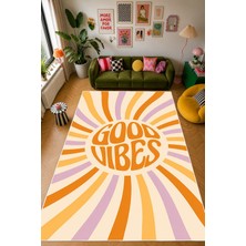 Mortapi Pinterest Good Vibes Yazılı Baskılı Kaymaz Yıkanabilir Salon Oturma Odası Mutfak Halısı Yolluk