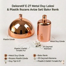 Retro Vitrini Dekoratif E-27 Duy Lalesi & Plastik Rozans Avize Seti Bakır Renk