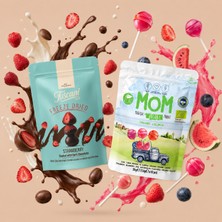 Mom Organik Meyveli Lolipop ve Bitter Çikolata Kaplı Dondurularak Kurutulmuş Çilek Draje