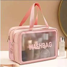 Pembe Çift Bölmeli Su Geçirmez Şeffaf Pvc Seyahat Kozmetik ve Makyaj Çantası
