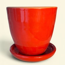 AdenArt Toprak Seramik Saksı Dekoratif Kırmızı Çift Sırlı Altlıklı 22*22 cm