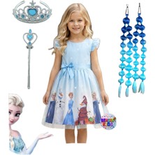 Elsa Anna Frozen Elbise Mavi Elbise Elsa Anna Baskılı Elbise + Mavi Elsa Anna Babble Saç + Taç Asa Doğum Günü Parti Düğün Davet Bayram Elbise Kostüm