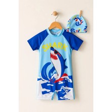 Dinamik çocuk Erkek Çocuk Shark Desenli Dalgıç Kumaş Kısa Kollu Bone+Mayo 2li Takım 2-8 Yaş Deniz & Havuz Seti