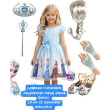 Elsa Anna Frozen Elbise Mavi Elbise Elsa Anna Baskılı Elbise + Elsa Peruk Saç + Taç Asa + Mavi File Eldiven+ Elsa Topuklu Ayakkabı Doğum Günü Parti Düğün Davet Bayram Elbise Kostüm