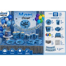 Dizayn Parti Evi 8 Kişilik Mavi Gümüş Happy Birthday Parti Seti 45 Parça Doğum Günü Konsept Seti