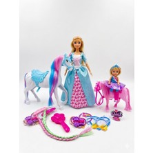Toysturka Prenses ve Küçük Bebekli Unicorn At Seti - Tokalı, Taçlı Saç Örgü Aksesuarlı Oyuncak Seti
