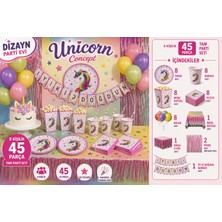 Dizayn Parti Evi 8 Kişilik Unicorn Parti Seti 45 Parça Doğum Günü Süsleri Unicorn Konsept Set
