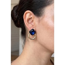 Petek Aksesuar Lacivert Taşlı Halka Küpe 3,5 Cm.