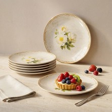Güral Porselen 7 Parça Beyaz Çiçek Desenli Nostaljik Porselen Pasta Seti