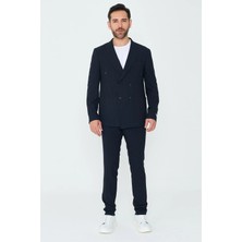 White Stone Lacivert Kruvaze Ince Çizgili 6 Drop Regular Fit Takım Elbise