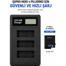 Qasul Gopro Hero 4 Uyumlu 3’lü LCD Ekranlı Pil Şarj Cihazı Type-C Girişli Hızlı Şarj