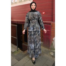 İmaj Butik Antrasit Eteği Katlı Desenli Şifon Elbise