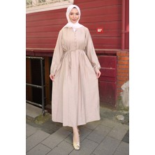 İmaj Butik Bej Bel Bağlamalı Düğmeli Elbise