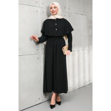 İmaj Butik Siyah Pelerinli Modal Dokuma Elbise