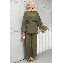 İmaj Butik Haki Bel Bağlamalı Tunik Pantolonlu Takım
