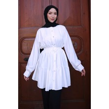 İmaj Butik Beyaz Kat Kat Düğmeli Kuşaklı Tunik