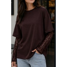 İmaj Butik Kahverengi Bisiklet Yaka Kol Dantelli Bluz