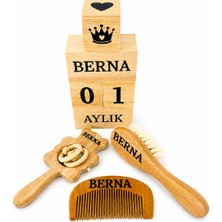 Shopfocus Kişiye Özel Isimli-Bebek Çıngırak-Bebek Saç Fırçası Keçi Kılı-Bebek Tarak-Bebek Anı KÜPÜ-%100 Doğal Organik Full Ahşap Set-Hediyelik-Yeni Doğum-Doğum Hediyesi