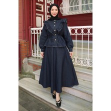 İmaj Butik Lacivert Fırfır Detaylı Gömlek Etekli Kot Takım