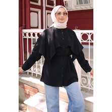 İmaj Butik Siyah Pelerinli Hakim Yaka Ip Bağlamalı Gömlek
