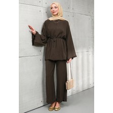 İmaj Butik Kahverengi Bel Bağlamalı Tunik Pantolonlu Takım