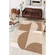 Mortapi Kahve Geometrik Desen Dijital Baskılı Yıkanabilir Salon Halısı Oturma Odası Mutfak Halısı Yolluk
