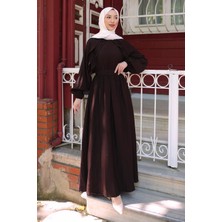 İmaj Butik Kahverengi Yanları Fırfırlı Bel Lastikli Elbise