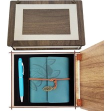 Aslanoğlu Store Mey Ithalat®  Özel Ahşap Kutulu Mavi Deri Defter ve Kalem Set