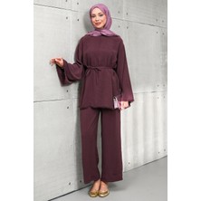 İmaj Butik Bordo Bel Bağlamalı Tunik Pantolonlu Takım