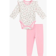 Luggi Baby Bisiklet Yaka Uzun Kollu Baskılı Kız Bebek Çıtçıtlı Body ve Pantolon 2'li Takım