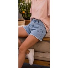 Tace Kids Tace Kıds Kız Çocuk Mavi Taş Işlemeli Fringed Püsküllü Yüksek Bel Denim Kot Şort-6-11 Yaş
