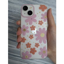 Pirok Store iPhone 15 Uyumlu Pembe Turuncu Çiçek Desenli Taşlı Silikon Telefon Kılıfı