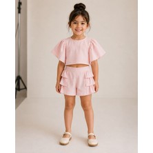 Tuffy Kız Çocuk %100 Pamuklu Pembe Şort Takım Fırfırlı Yazlık Şık Kombin Bayramlık