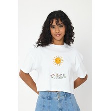 Windy Island Kadın Bisiklet Yaka Güneş Baskılı Oversize Crop T-Shirt