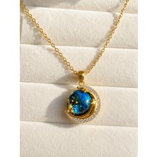 Atalya Accessory Mavi Zirkon Taşlı Gezegen Kadın Çelik Kolye - Kararmaz