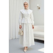 Moda Morfo Bebe Yaka Beli Lastikli Bağcıklı Nakışlı Astarlı Keten Takım  -Beyaz