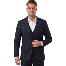 Rizzup Erkek Koyu Lacivert Slim Fit 3’lü Takım Elbise – Yelekli Ekose Desenli Çift Düğme Takım Elbise 2600501
