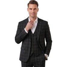 Rizzup Erkek Siyah Slim Fit 3’lü Takım Elbise – Yelekli Ekose Desenli Çift Düğme Takım Elbise 2600501