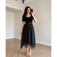 Modalima Siyah Kare Yaka Eteği Şifon Elbise