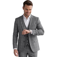 Rizzup Erkek Koyu Gri Slim Fit 3’lü Takım Elbise – Yelekli Ekose Desenli Çift Düğme Takım Elbise 2600501