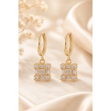 Lia Charm Zirkon Taşlı Kare Baget Sallantılı Küpe - Paslanmaz Çelik