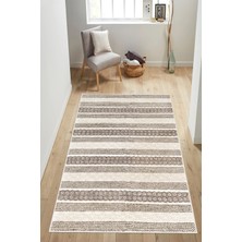 Mortapi Modern Kilim Desenli Bej Baskılı Kaymaz Yıkanabilir Salon Oturma Odası Mutfak Antre Halısı Yolluk