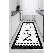 Mortapi Siyah Beyaz Kitchen Yazılı Dijital Baskılı Kaymaz Yıkanabilir Mutfak Halısı Yolluk