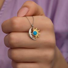 Avensyy 925 Ayar Gümüş Opal Mavi Taşlı Ay Güneş Kadın Kolye