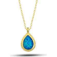 Avensyy 925 Ayar Gümüş Gold Damla Mavi Opal Taşlı Kadın Kolye