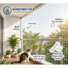 Güneybey File Beyaz 6x7 M Kedi/kuş Balkon Güvenlik Filesi | 3 mm Ip, 4x4 cm Göz Aralığı + Montaj Aparatları
