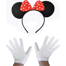 MiraLive Kırmızı Fiyonklu Minnie Mouse Tacı ve Beyaz Eldiven Seti (K95)