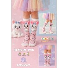 Color Socks 1 Çift Pembe Kedi Peluş Kulaklı Çocuk Çorap (Topuksuz)